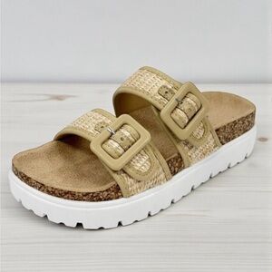 Women’s Beige Double Buckle Woven Cork Slide Sandals